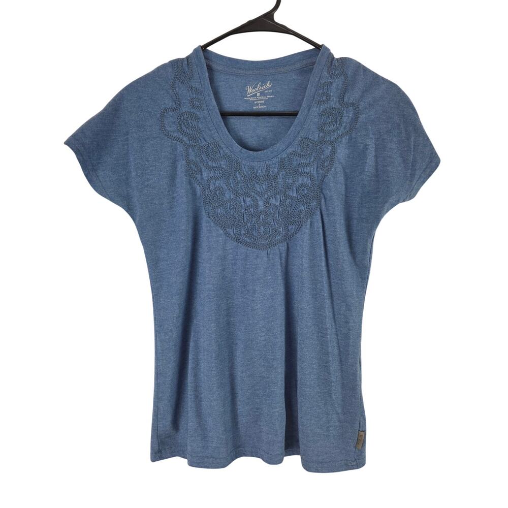Woolrich Embroirded Top S Womens Blue Cap Sleeve‎ Cotton Blend Stretchy Classic